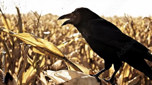 crow squawk - A black crow perched on a dried corn stalk in a golden field, vocalizing amidst the harvest season, with a clear blue sky in the background