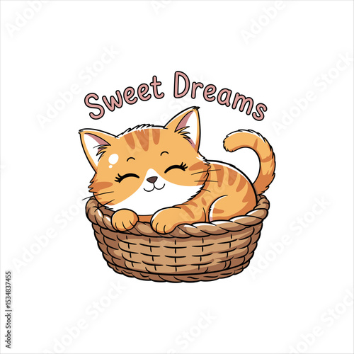 Cute Sleeping Cat in Basket with Sweet Dreams Text | Adorable Cartoon Kitten Illustration on White Background