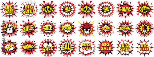 Red Comic Book Style Explosion Speech Bubbles with Action Words and Cartoon Characters