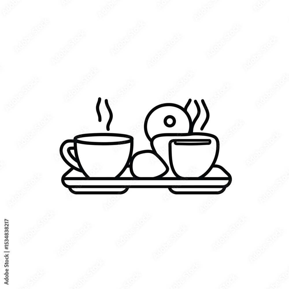 Obraz premium Line Art Steaming Coffee Cups, Donut, and Pastry on a Serving Tray