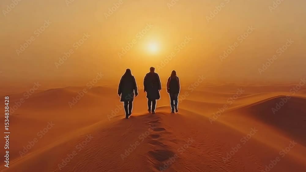 Three travelers walk across golden sand dunes at sunset in a stunning desert landscape Three travelers walk across golden sand dunes at sunset in a stunning desert landscape