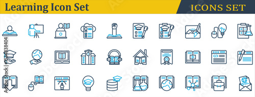 Learning Icon Set. Containing Campus,Chemistry,Ebook,Elearning,Exam,Homeschooling,Online Learning,Open Book,Physics,Read,Scholarship,Science,Study,Teach,Tutorial. Outline Style