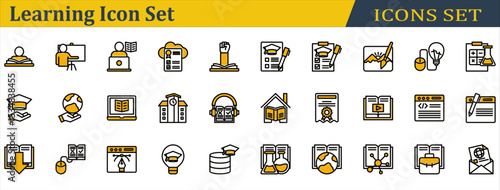 Learning Icon Set. Containing Campus,Chemistry,Ebook,Elearning,Exam,Homeschooling,Online Learning,Open Book,Physics,Read,Scholarship,Science,Study,Teach,Tutorial. Outline Style