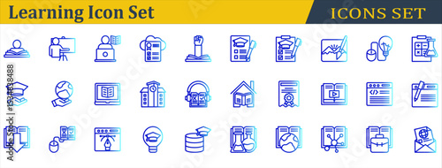 Learning Icon Set. Containing Campus,Chemistry,Ebook,Elearning,Exam,Homeschooling,Online Learning,Open Book,Physics,Read,Scholarship,Science,Study,Teach,Tutorial. Outline Style