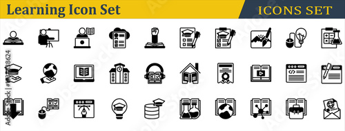 Learning Icon Set. Containing Campus,Chemistry,Ebook,Elearning,Exam,Homeschooling,Online Learning,Open Book,Physics,Read,Scholarship,Science,Study,Teach,Tutorial. Outline Style