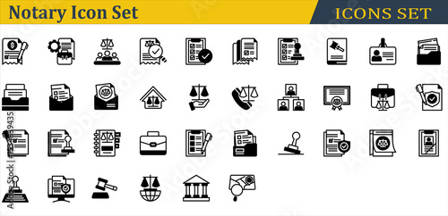 Notary Icon Set. Containing Administrative,Agreement,Court,Dwelling,Family Law,Gavel,Investigation,Justice,Notary,Rubber Stamp,Signature,Stamp,Subpoena. Mixed Style