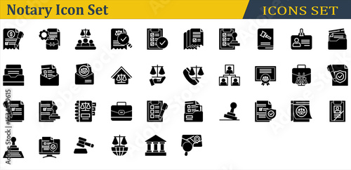 Notary Icon Set. Containing Administrative,Agreement,Court,Dwelling,Family Law,Gavel,Investigation,Justice,Notary,Rubber Stamp,Signature,Stamp,Subpoena. Solid  Style