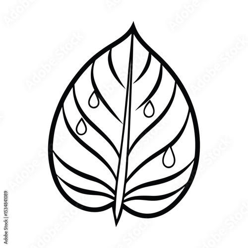 Tropical leaf with morning dew drops Line Art Vector illustration