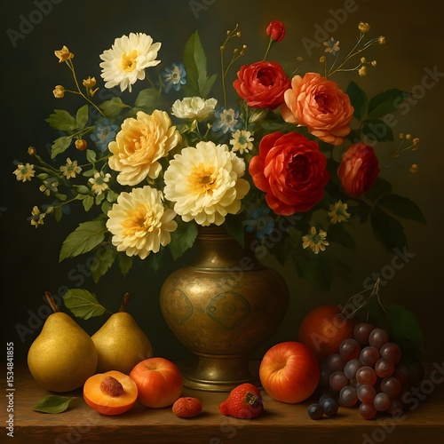 Wallpaper Mural Elegant Still Life with Floral Arrangement and Fruit – Classic Botanical Art Composition Torontodigital.ca