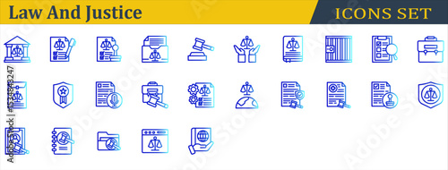 Law And Justice Icon Set. Containing Corporate Laws,Courthouse,Health Law,International Law,Investigation,Jail,Justice,Law Book,Legal,Legitimacy,Stamp,Transcription. Outline Gradient Style