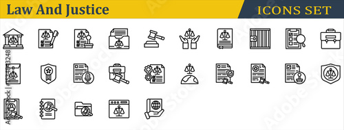 Law And Justice Icon Set. Containing Corporate Laws,Courthouse,Health Law,International Law,Investigation,Jail,Justice,Law Book,Legal,Legitimacy,Stamp,Transcription. Outline Style