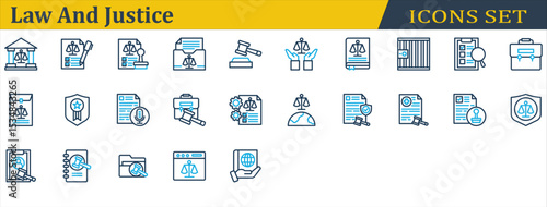 Law And Justice Icon Set. Containing Corporate Laws,Courthouse,Health Law,International Law,Investigation,Jail,Justice,Law Book,Legal,Legitimacy,Stamp,Transcription. Outline Style