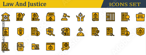 Law And Justice Icon Set. Containing Corporate Laws,Courthouse,Health Law,International Law,Investigation,Jail,Justice,Law Book,Legal,Legitimacy,Stamp,Transcription. Outline Style