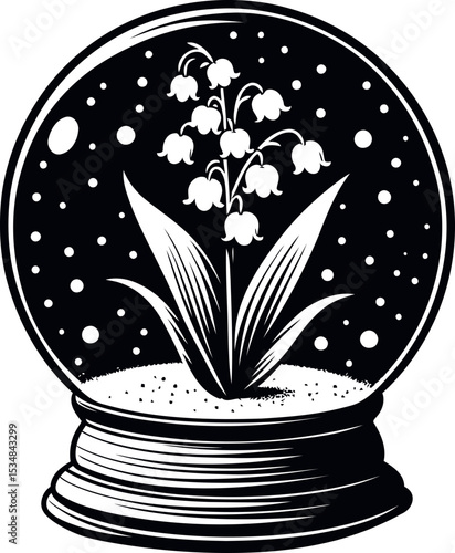 Enchanted snow globe holding Lily of the Valley blossoms in a peaceful wintertime scene
