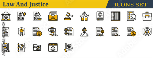 Law And Justice Icon Set. Containing Corporate Laws,Courthouse,Health Law,International Law,Investigation,Jail,Justice,Law Book,Legal,Legitimacy,Stamp,Transcription. Outline Style