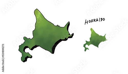 緑の水彩で塗られた北海道の地図の手書きベクターイラスト