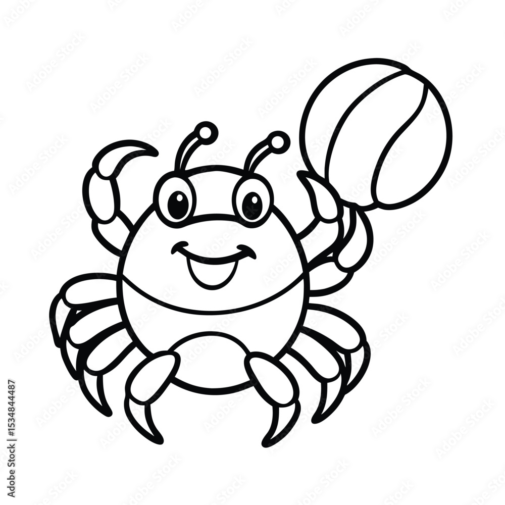 Obraz premium Cute crab playing with beach ball Line Art Vector illustration