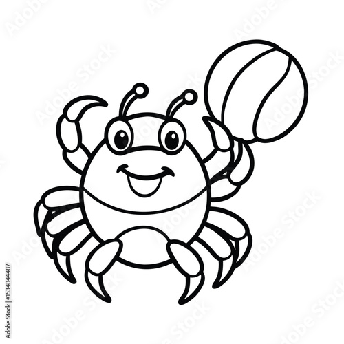 Cute crab playing with beach ball Line Art Vector illustration
