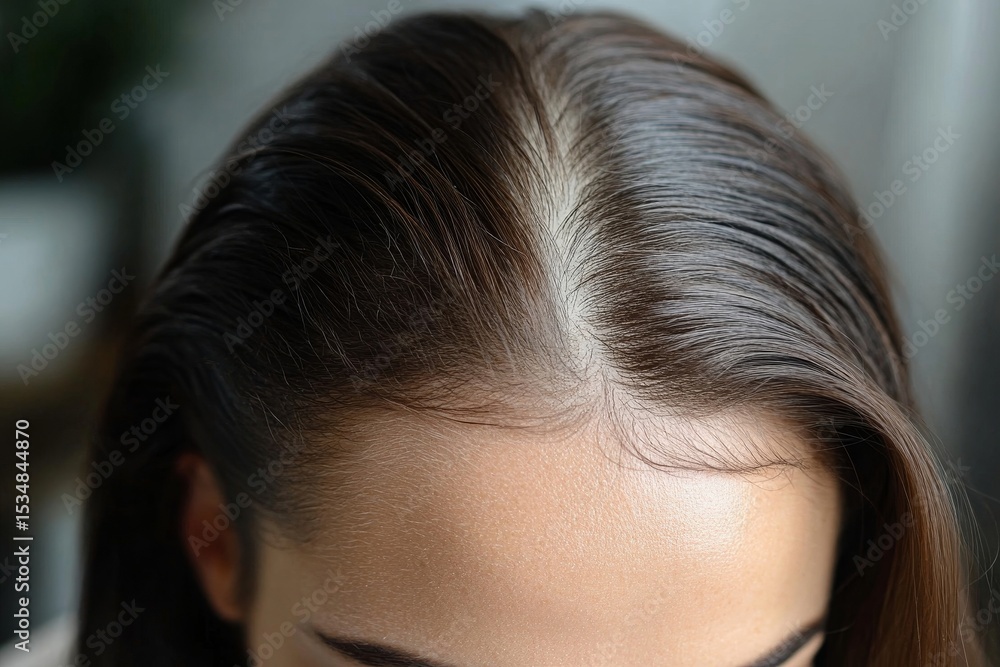 Fototapeta premium Young woman concerned about her thinning hair and hair loss., Generative AI