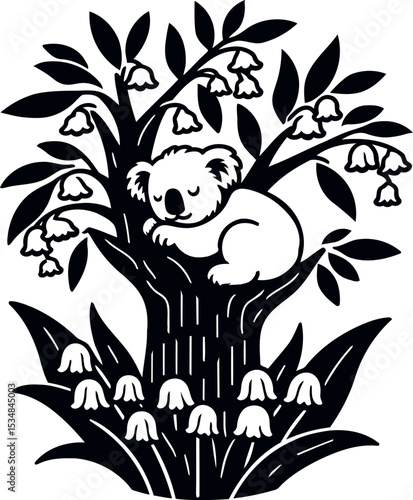 Koala resting peacefully in a tree above blooming Lily of the Valley flowers below
