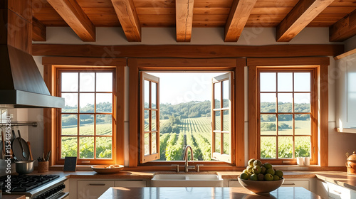Open casement window, Rustic kitchen open wooden casement window vineyard view.
