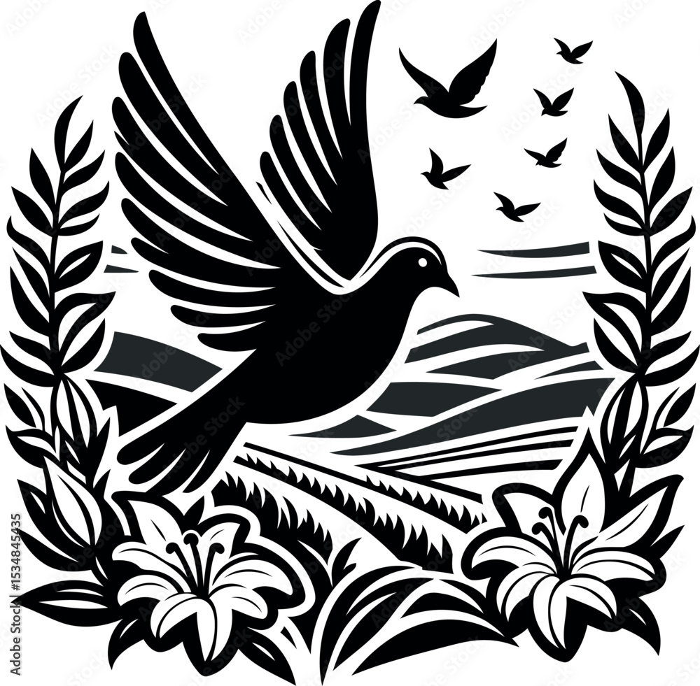 Obraz premium Peaceful dove soaring gracefully over a vibrant valley blooming with countless lilies