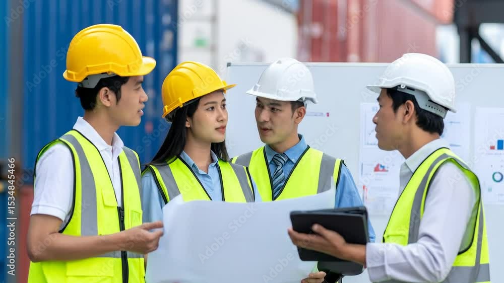 Team Of Professionals Reviewing Plans In Warehouse Team Of Professionals Reviewing Plans In Warehouse