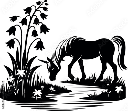 Enchanting scene of unicorn grazing beside a clear stream lined with Lily of the Valley