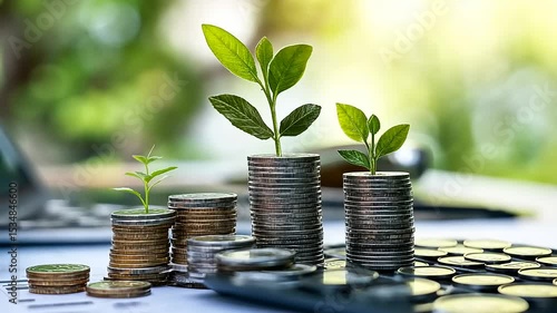 Growth of green plants on stacked coins symbolizing financial investment and sustainability in nature