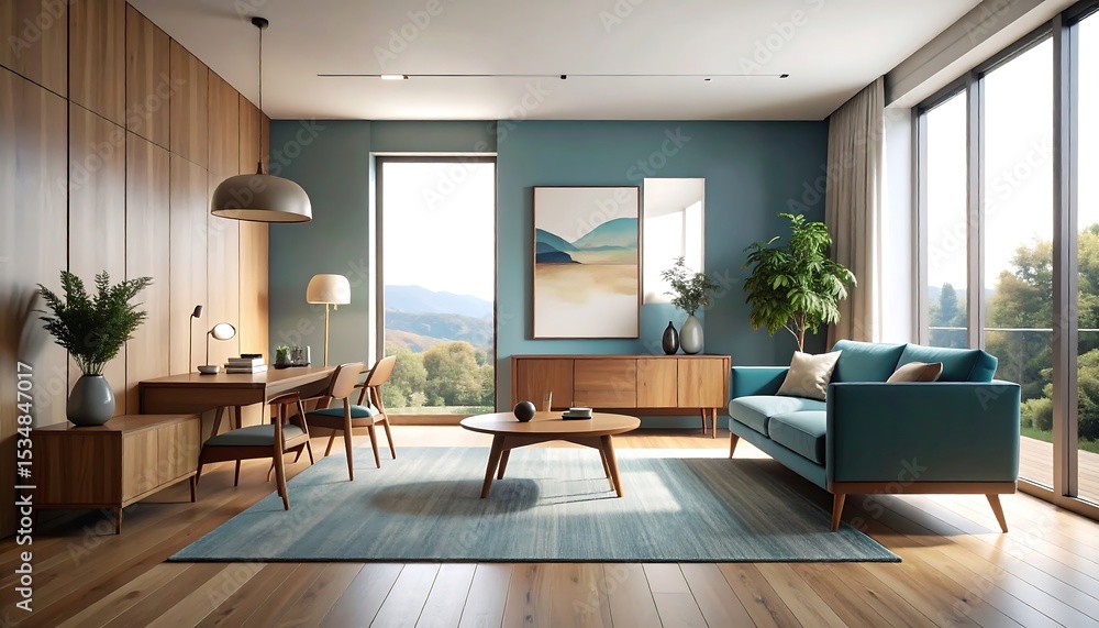 Fototapeta premium Mid-Century Modern Living Room Design Warm Tones, Natural Light, and Tranquil Atmosphere