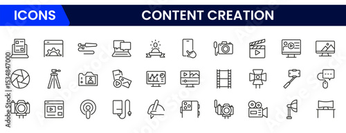 Vibrant vector web line icons showcasing content creation, writing, video, photography, and digital storytelling tools for engaging audiences.