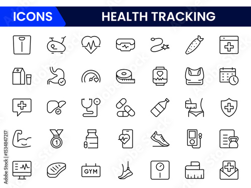 Sleek vector web line icons depicting health tracking, fitness apps, wearables, wellness metrics, and digital health monitoring solutions.