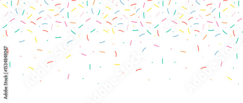 Small Dash Pattern. Colorful falling decorative sprinkles. Seamless pattern on white chocolate background. Donut glaze background. Simple Vector Illustration.