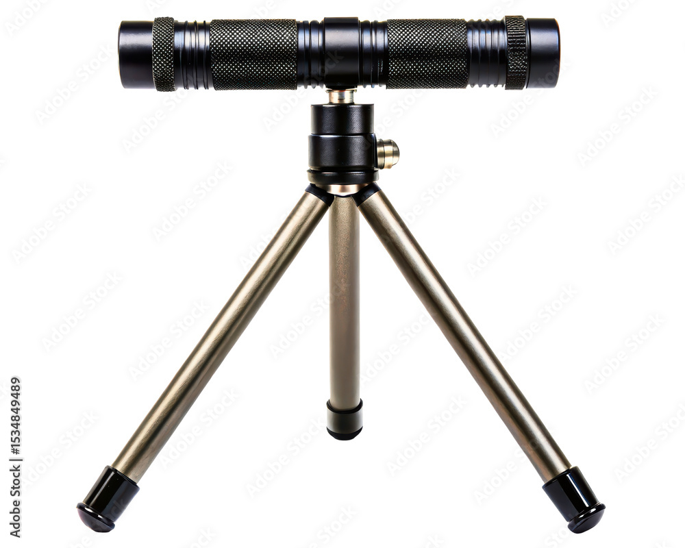 Compact monocular mounted on a stable mini-tripod for observation on a transparent background Compact monocular mounted on a stable mini-tripod for observation on a transparent background
