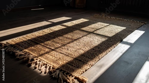 Warm sunlight shining on a jute rug with fringe in a room with dark wood floors, creating an inviting and cozy interior space.