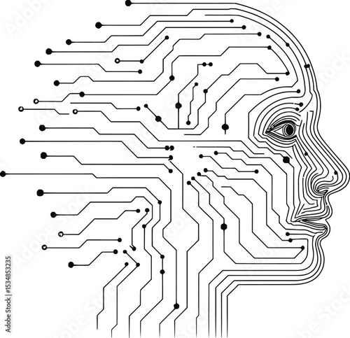 Silhouette of a human face integrated with a circuit board design symbolizing artificial intelligence