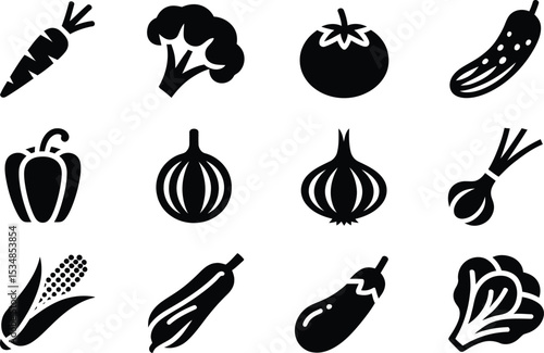 Collection of silhouetted vegetables illustrating various healthy food icons for dietary and culinary uses.