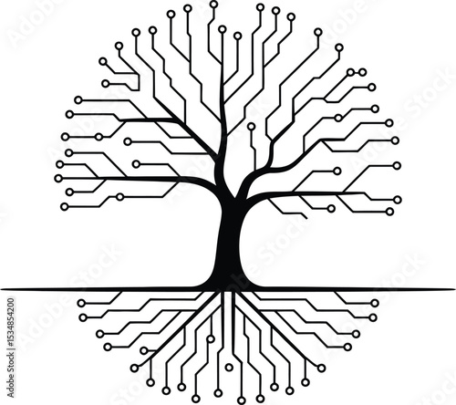 A stylized circuit board tree representing technology growth and data innovation