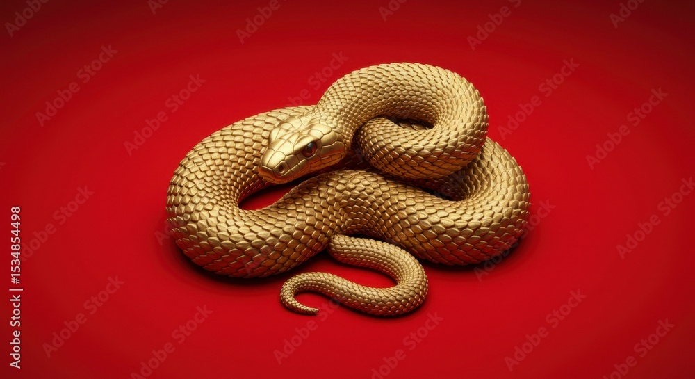 Fototapeta premium Golden snake coiled on red background