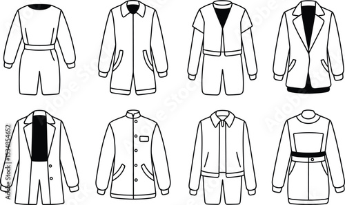 Collection of outlined vector clothing items including jackets suits and jumpsuits in minimalist style