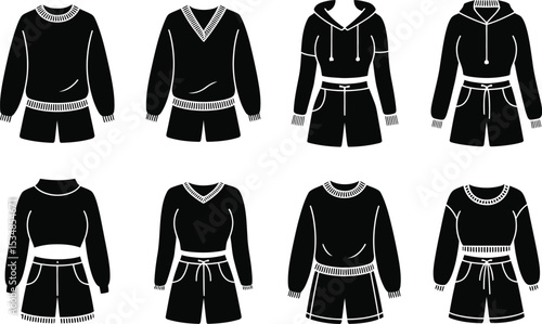 Monochrome collection of stylish tracksuit sets featuring various necklines and designs