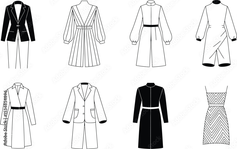 Elegant black and white fashion illustration depicting modern women's clothing designs and styles Elegant black and white fashion illustration depicting modern women's clothing designs and styles
