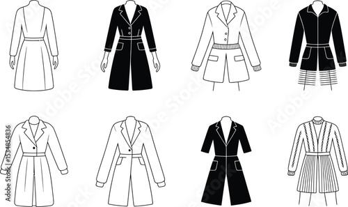 Vector illustration of eight different fashionable women's coats in black and white outlines