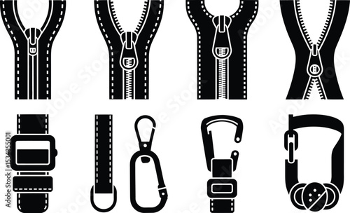 Collection of black and white illustrations of zippers, carabiners, and watch strap components