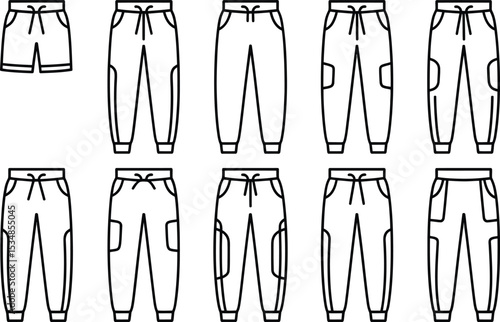 Collection of trendy black and white illustrated jogging pants and shorts designs