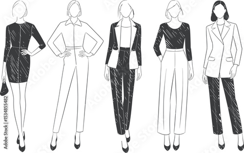 Fashion illustration of five different women's business attire in black and white line art