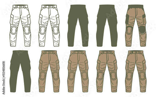 Vector illustration of tactical pants in multiple styles and colors for design elements