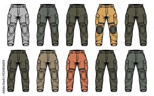 Vector illustration of tactical cargo pants in various colors perfect for apparel design
