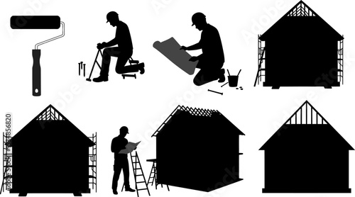 Construction worker building house silhouette home improvement contractor project renovation stages editable stock vector illustration