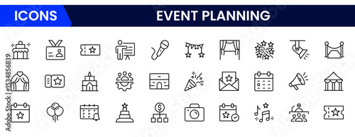 Organized vector web line icons depicting event planning, schedules, decorations, invitations, and seamless coordination for memorable occasions.